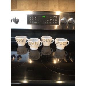 Vintage TERMOCRISA Milk Glass Cups Mugs Coffee Tea Brown Yellow Flower Set of 4